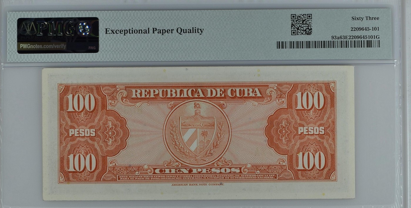 🌗乐淘淘世界纸币拍卖 第32期 🌓 【B032577A】古巴1959年纸币 100比索 PMG63EPQ