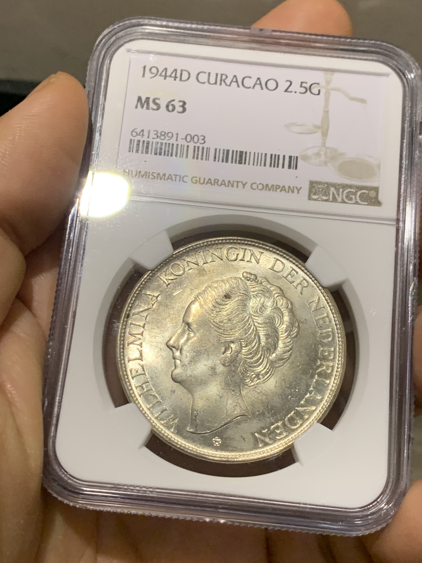 《竞宝斋》第221场-周日，周一 2场 (全场包邮) NGC MS63 荷属库拉索1944D女王威廉明娜2.5盾银币