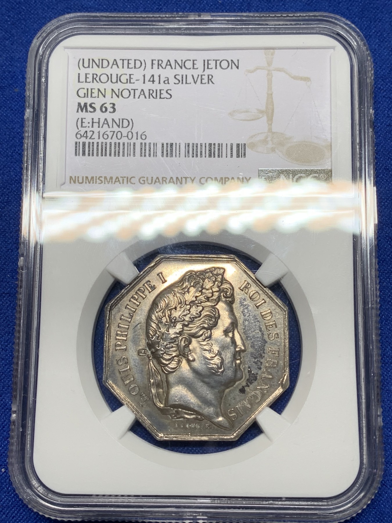《竞宝斋》第221场-周日，周一 2场 (全场包邮) NGC MS63 法国 菲利普像 勒鲁吉市 公证处 银质八角代币 少见品种