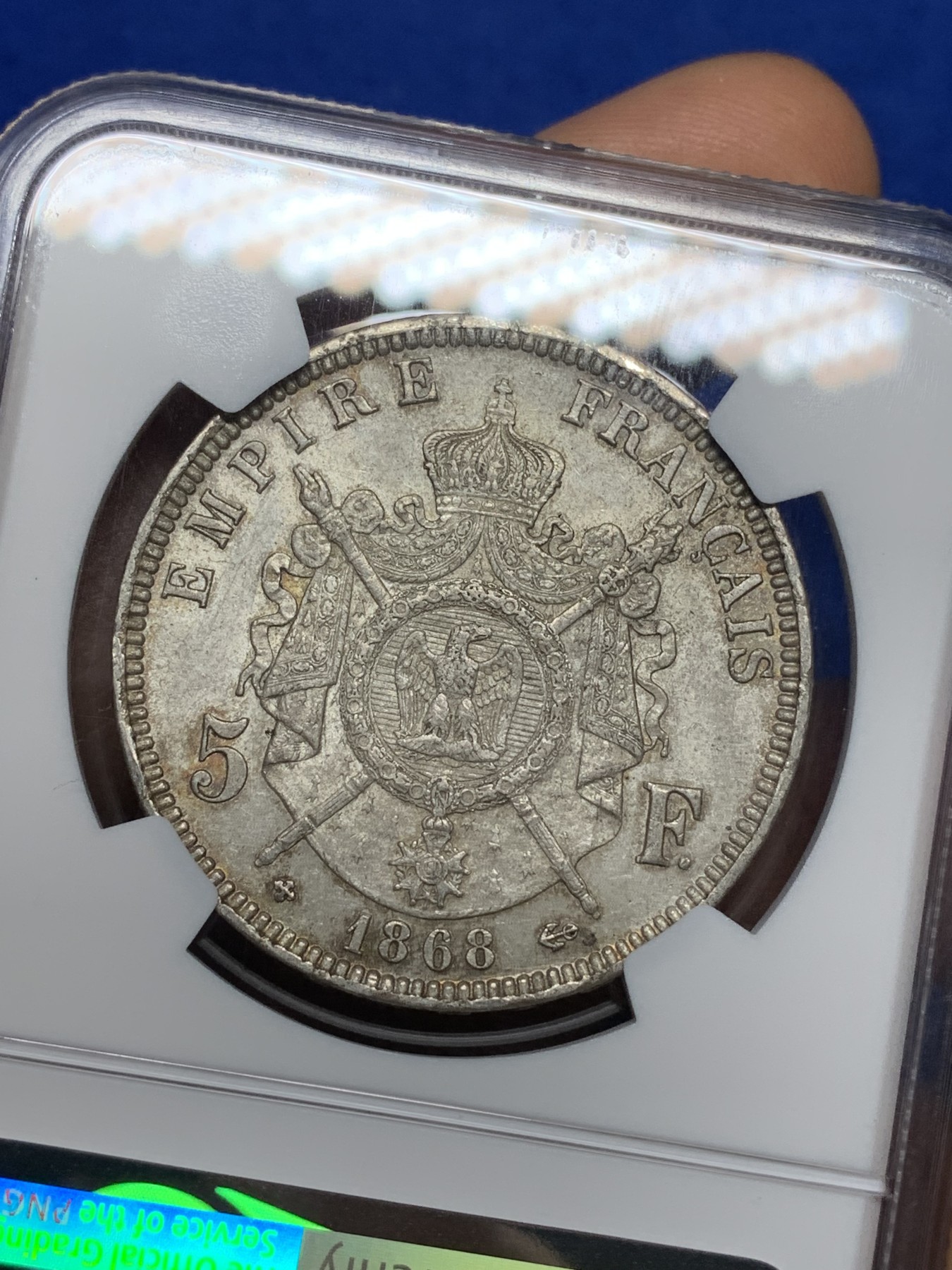 《竞宝斋》第221场-周日，周一 2场 (全场包邮) NGC AU58 法国拿破仑三世5法郎银币 少见1868BB 原味带光 细节一流