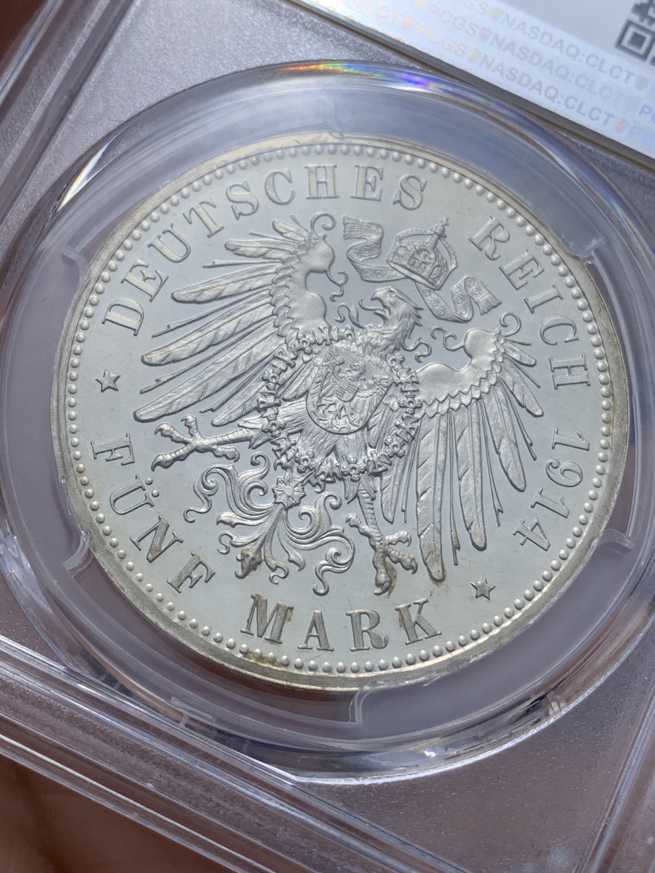 《竞宝斋》第221场-周日，周一 2场 (全场包邮) PCGS-PR65CAM,德国1914年安哈特德绍，结婚纪念5马克精制银币，金色靓丽包浆，高分精铸马克愈发稀少