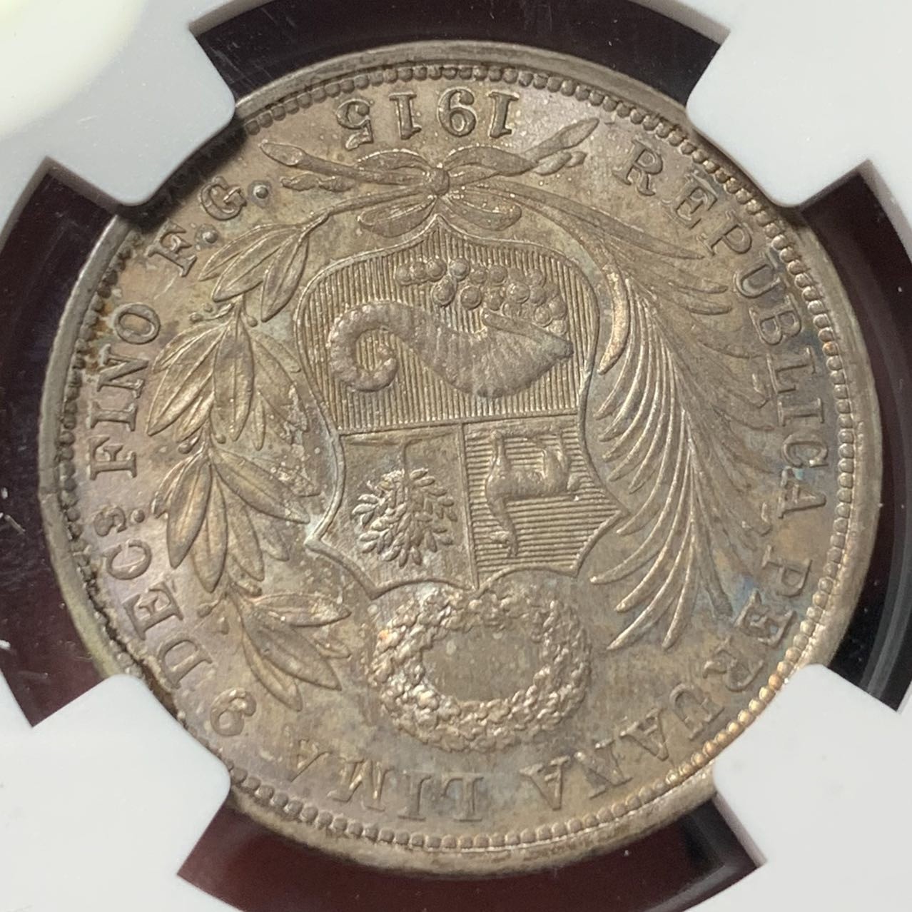 紫瑗钱币——第329期拍卖 秘鲁 1915年 FG JR 坐人 1/2索尔 银币 NGC MS63 重五彩