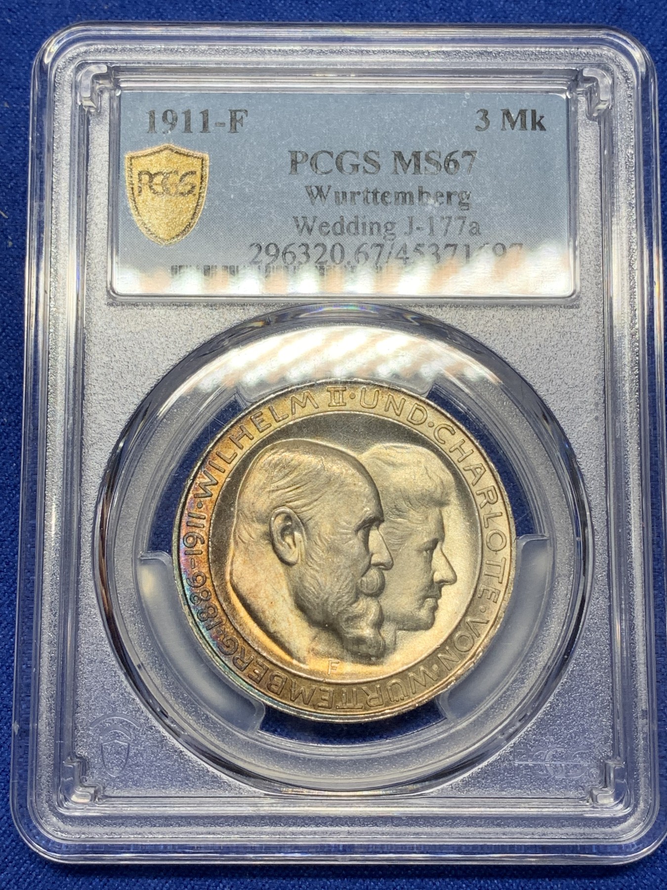 《竞宝斋》第221场-周日，周一 2场 (全场包邮) PCGS-MS67 德国1911符腾堡威廉二世银婚纪念3马克银币 普品易得 超高分难得 该品种一步到位的藏品