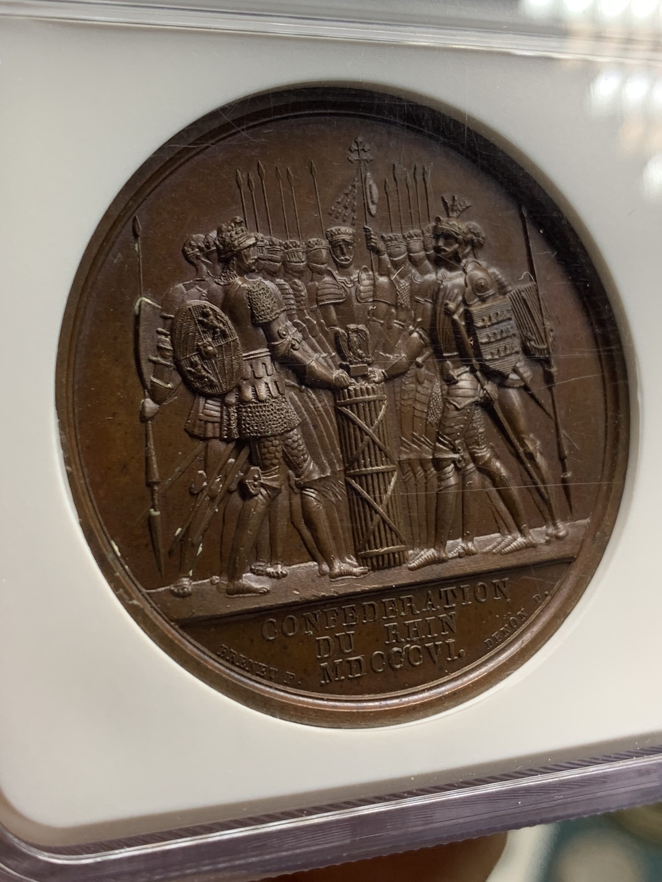 《竞宝斋》第221场-周日，周一 2场 (全场包邮) NGC-MS64BN 法国 1806年 拿破仑铜章 莱茵同盟 设计精美 醇厚巧克力色