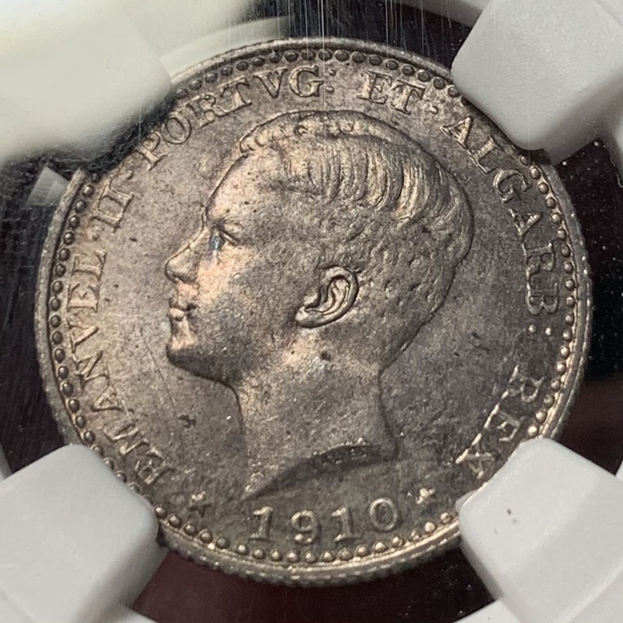 紫瑗钱币——第329期拍卖 葡萄牙 1910年 曼努埃尔二世 100瑞斯 银币 NGC MS63 五彩