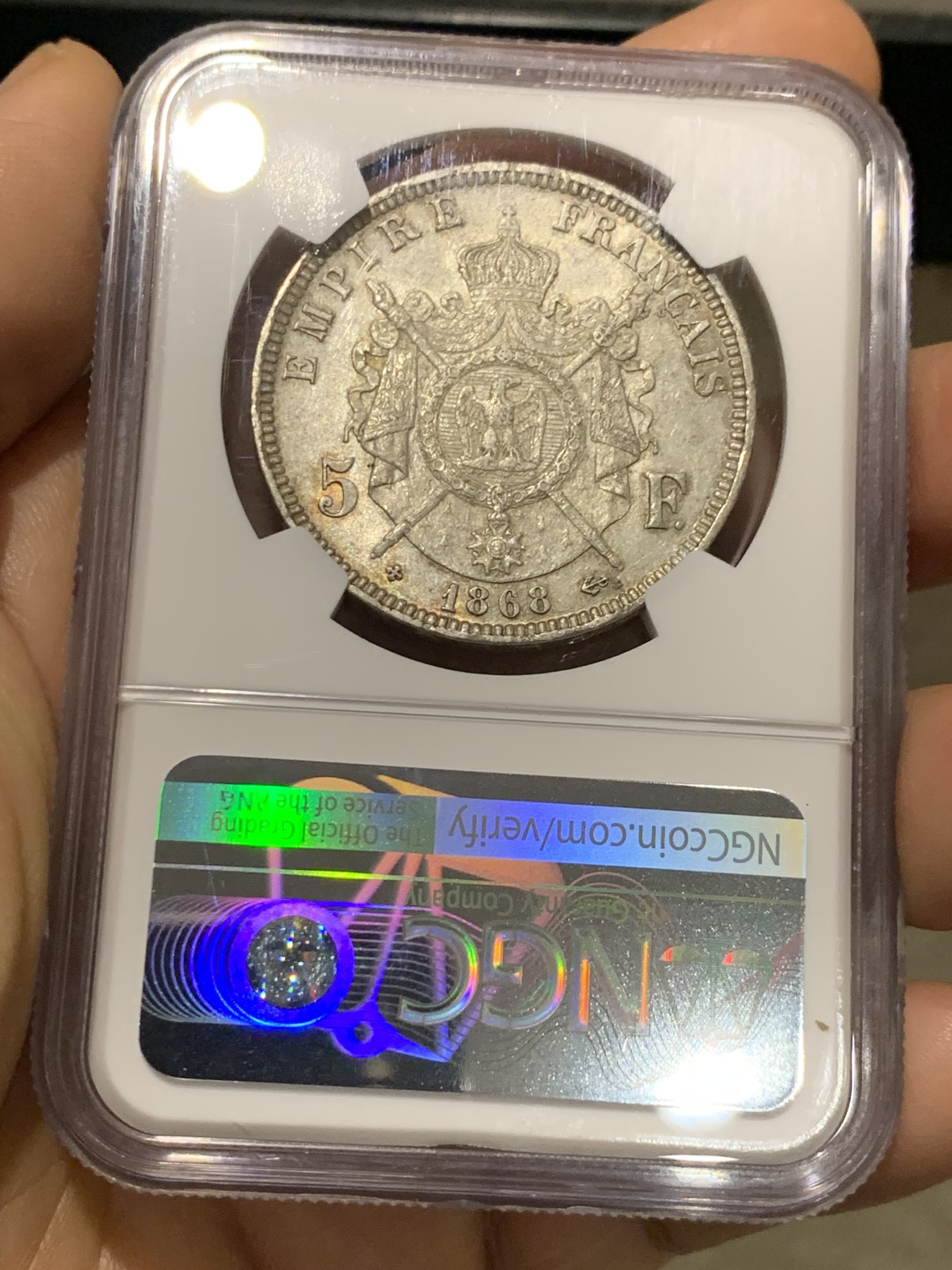 《竞宝斋》第221场-周日，周一 2场 (全场包邮) NGC AU58 法国拿破仑三世5法郎银币 少见1868BB 原味带光 细节一流