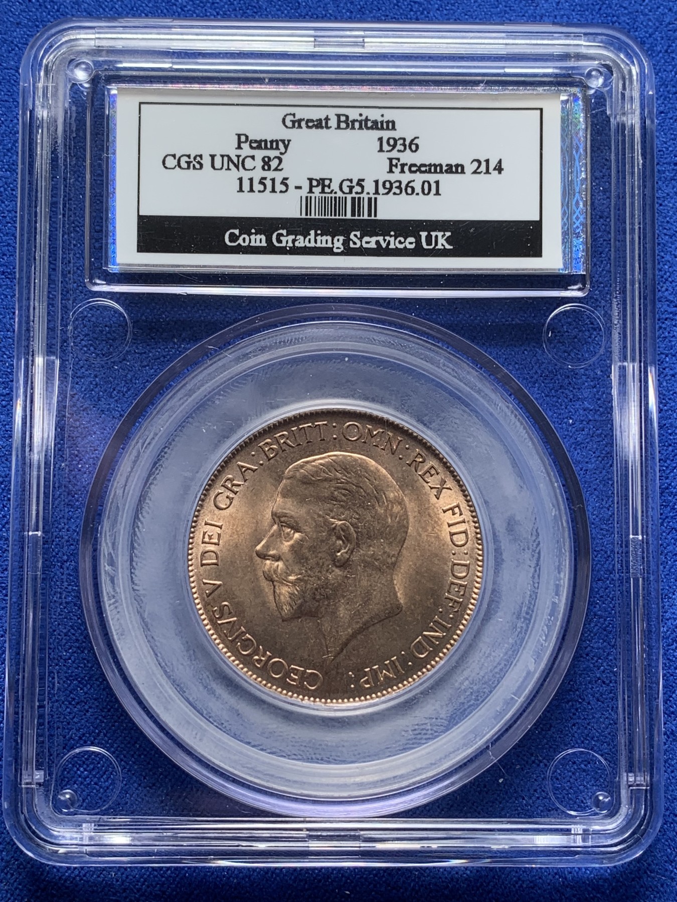 《竞宝斋》第221场-周日，周一 2场 (全场包邮) CGS-UNC-82 英国1936年乔治五世1便士，相当于P盒64分 满铜光