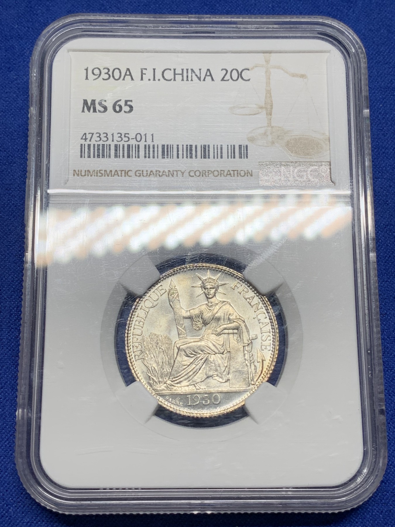 《竞宝斋》第221场-周日，周一 2场 (全场包邮) NGC MS65 原光法属印支1930年坐洋20分银币，少见年份