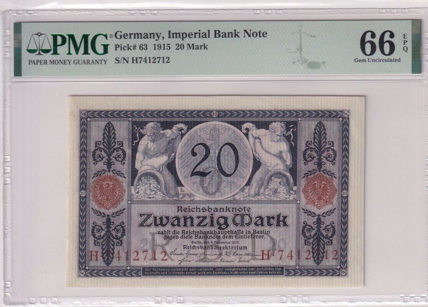 🌗乐淘淘世界纸币拍卖 第32期 🌓 【H7412712】德国1915年纸币 20马克 百年老钞 PMG66EPQ