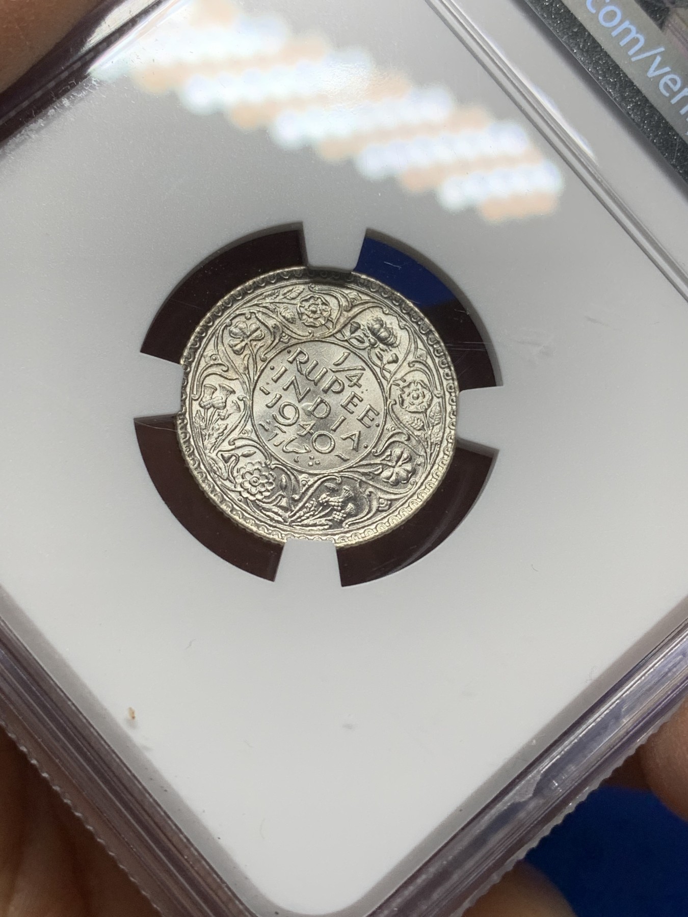 《竞宝斋》第221场-周日，周一 2场 (全场包邮) NGC-MS64 英属印度 1940年C版 乔治六世1/4卢比 key年份版别 卷拆品