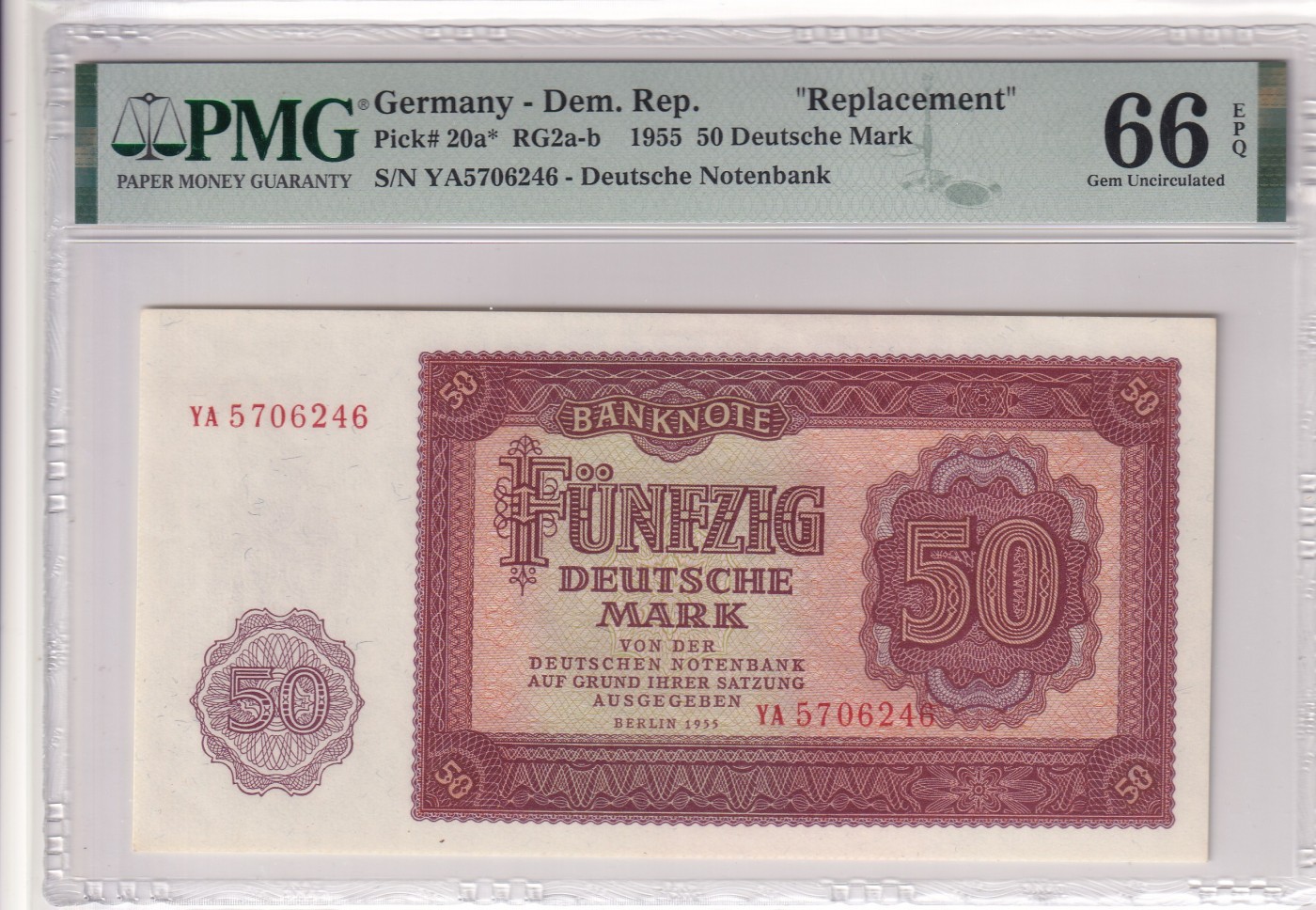 🌗乐淘淘世界纸币拍卖 第32期 🌓 【YA5706246】德国1955年纸币 50马克 稀少补号 亚军分