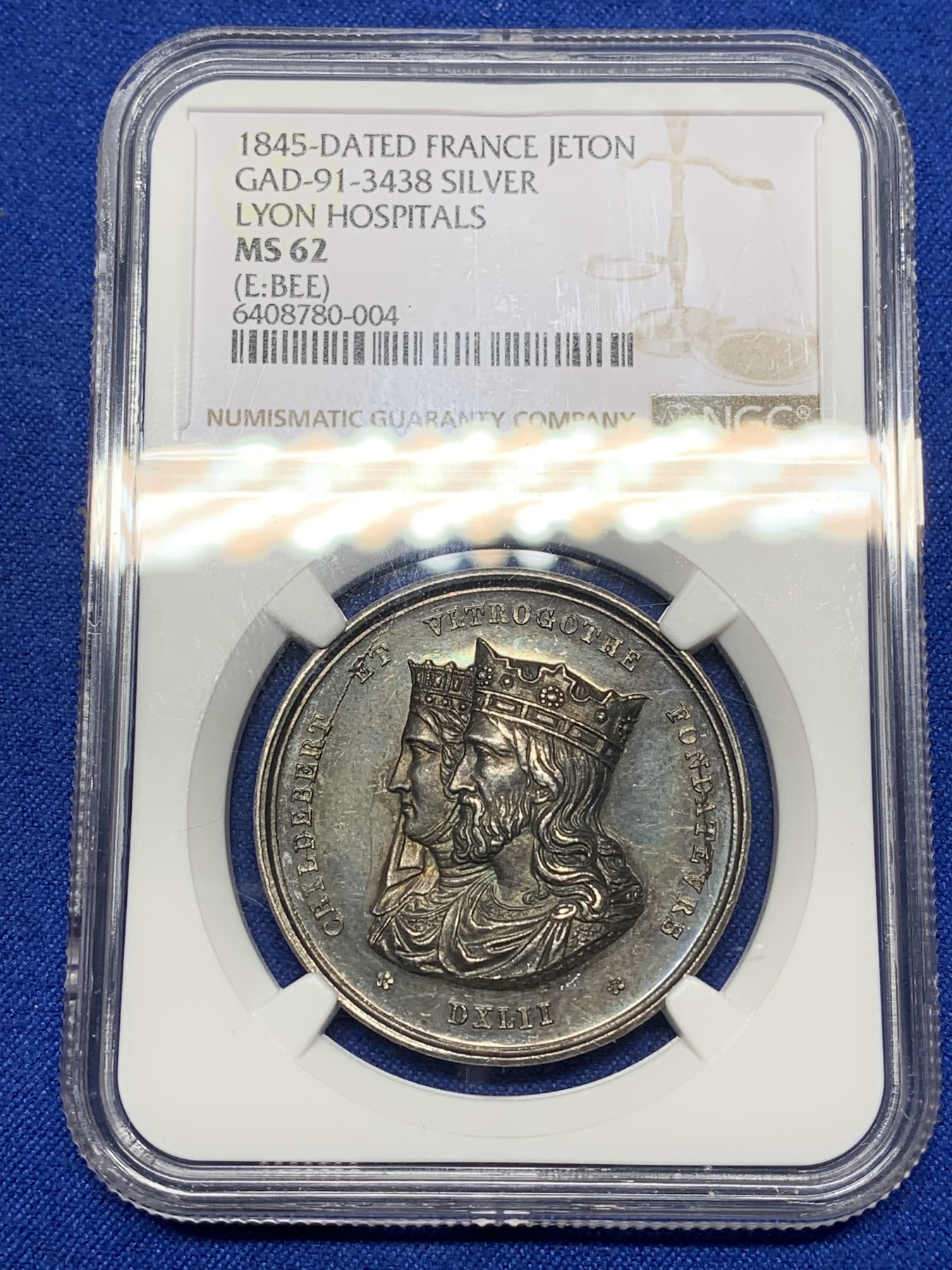 《竞宝斋》第221场-周日，周一 2场 (全场包邮) NGC-MS62 法国1845年 双皇头像 JETON银制 高浮雕 经典传世黑包浆 非常难得