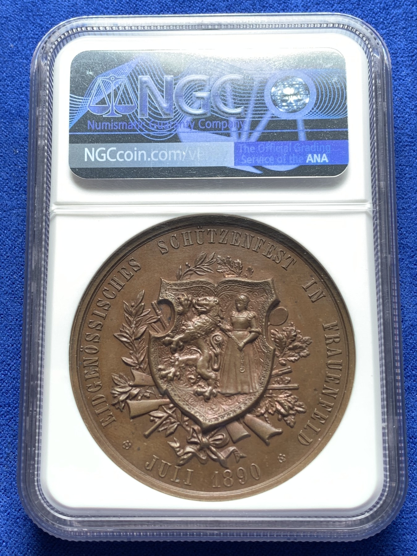 《竞宝斋》第221场-周日，周一 2场 (全场包邮) NGC MS64 1890年瑞士弗劳恩菲尔德射击节铜章,高分品质，收藏一步到位