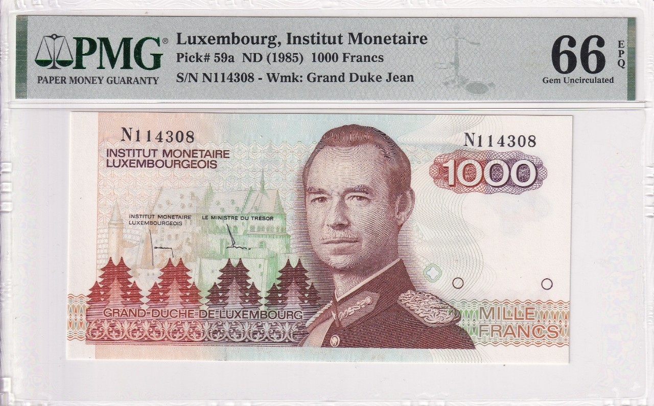 🌗乐淘淘世界纸币拍卖 第32期 🌓 【N114308】卢森堡1985年纸币 1000法郎 N冠 PMG66EPQ