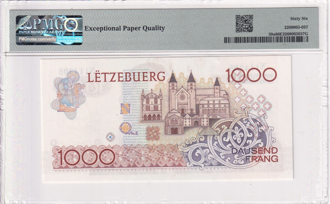 🌗乐淘淘世界纸币拍卖 第32期 🌓 【N114308】卢森堡1985年纸币 1000法郎 N冠 PMG66EPQ