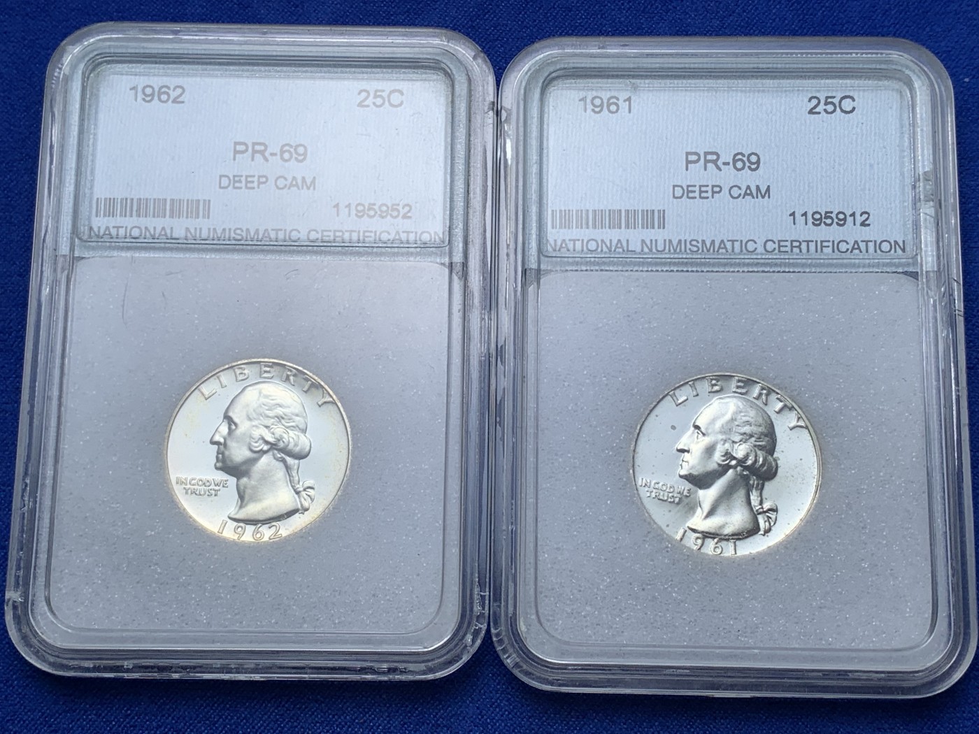 《竞宝斋》第221场-周日，周一 2场 (全场包邮) 两枚一组 NNC PR69 Deep Cameo 美国1961与1962精制25美分银币 品相完美