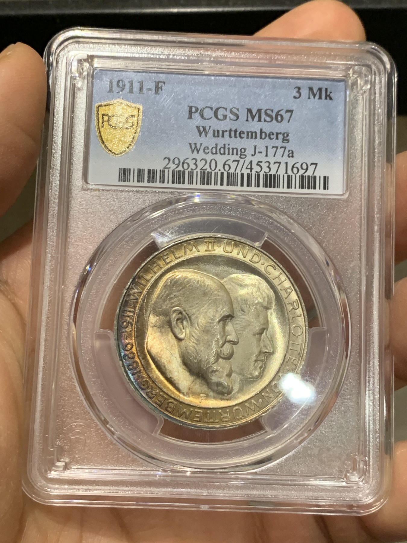 《竞宝斋》第221场-周日，周一 2场 (全场包邮) PCGS-MS67 德国1911符腾堡威廉二世银婚纪念3马克银币 普品易得 超高分难得 该品种一步到位的藏品