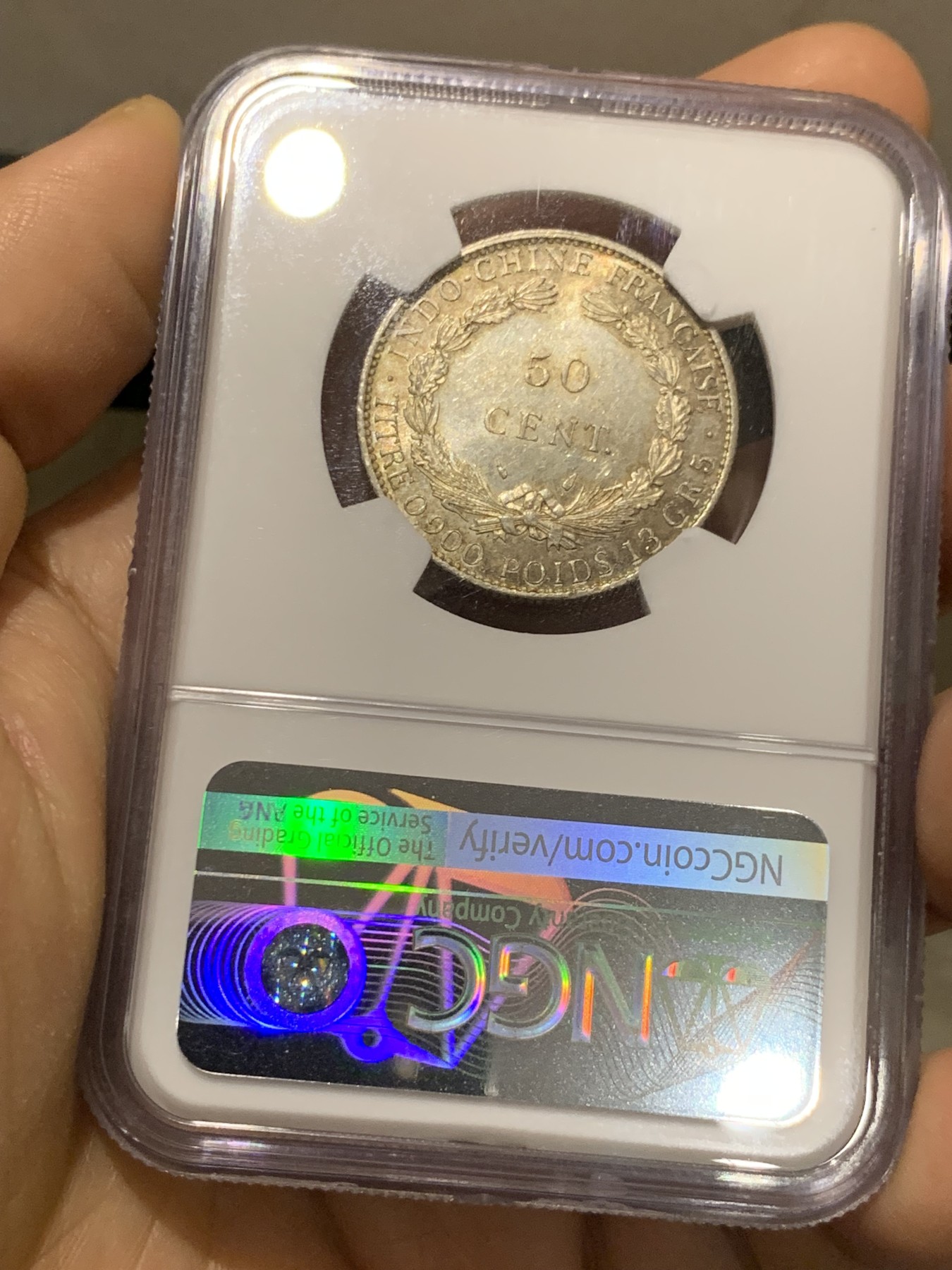 《竞宝斋》第221场-周日，周一 2场 (全场包邮) NGC MS64 1936年法属印支坐洋50分银币 极品原光五彩 状态一流 低评状态