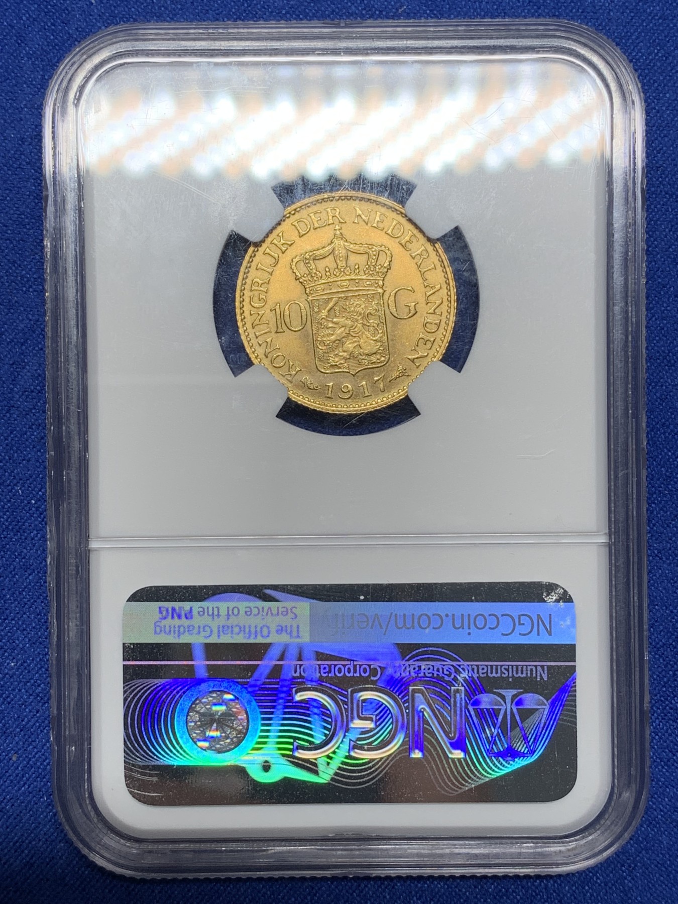 《竞宝斋》第221场-周日，周一 2场 (全场包邮) NGC-MS64 1917荷兰威廉明娜10盾金币 少妇版车轮光金灿灿 热门好品潜力高
