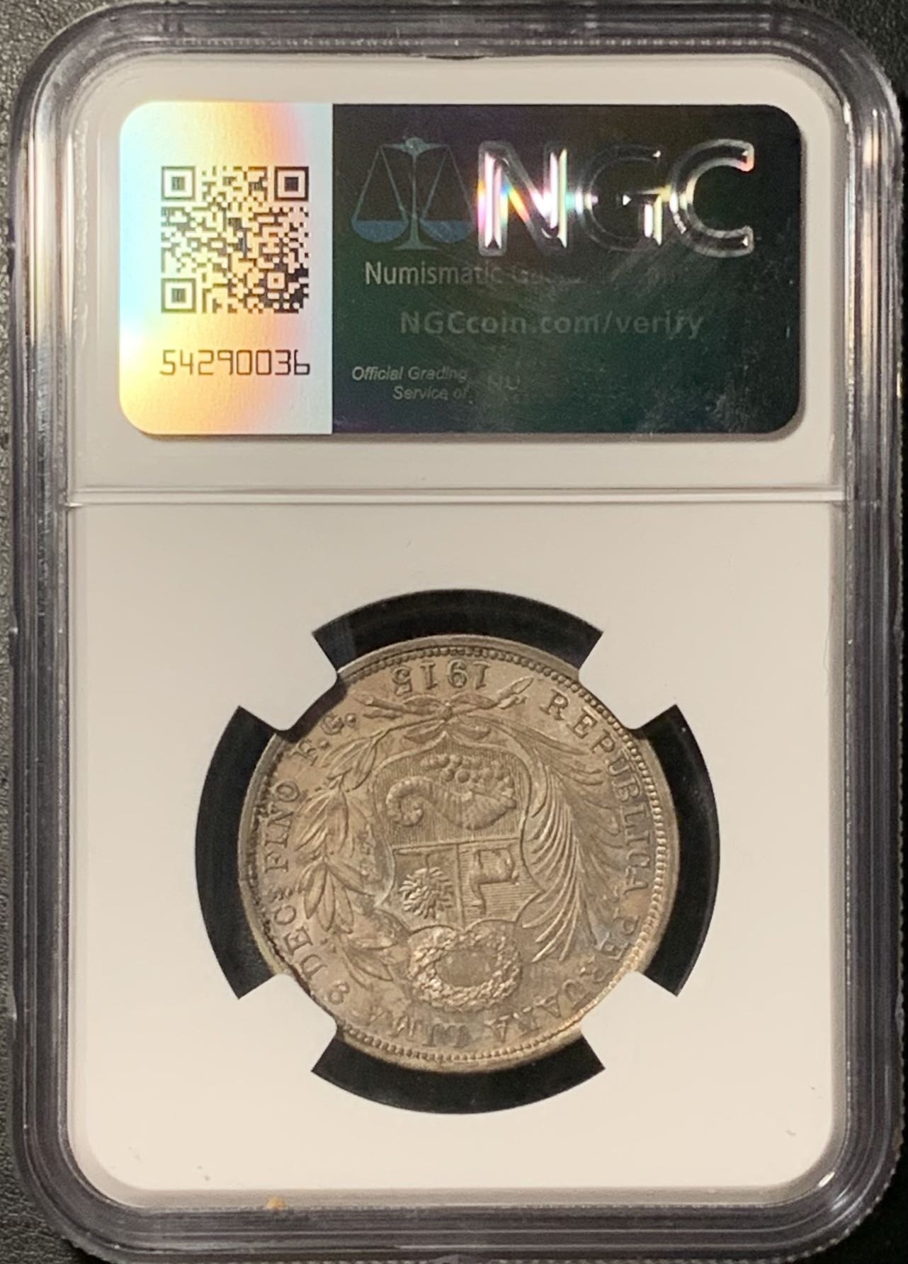 紫瑗钱币——第329期拍卖 秘鲁 1915年 FG JR 坐人 1/2索尔 银币 NGC MS63 重五彩