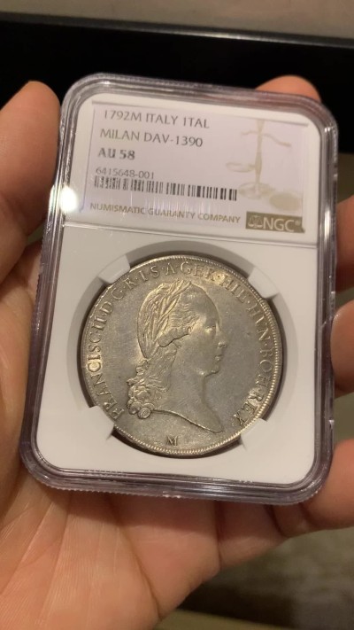《竞宝斋》第221场-周日，周一 2场 (全场包邮) 唯一冠军分  NGC-AU58 1792M年 意大利 约瑟夫二世 1泰勒银币 米兰造币厂 哈布斯堡领地 很温润舒服 稀少品种
