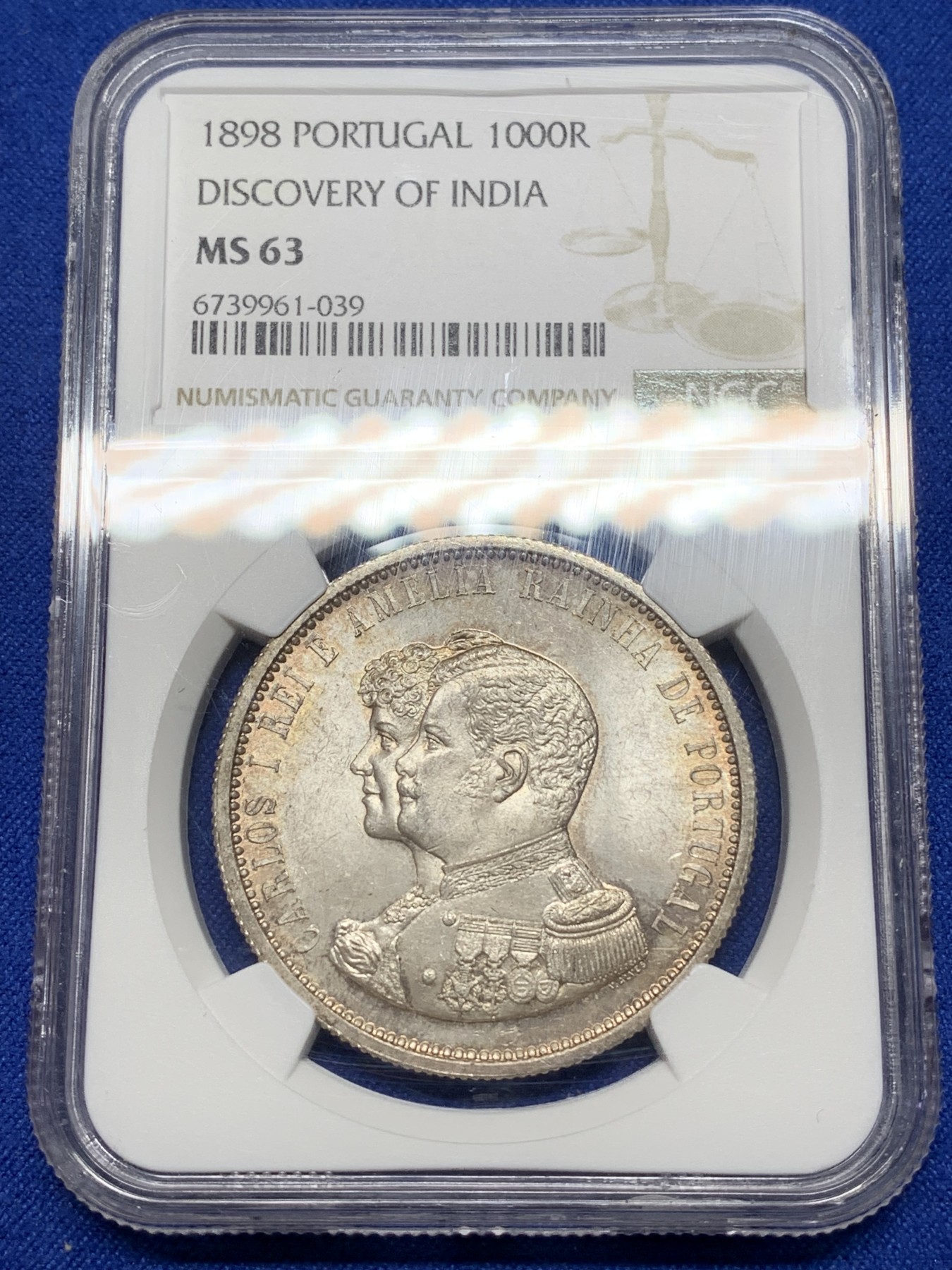 《竞宝斋》第221场-周日，周一 2场 (全场包邮) NGC MS63 葡萄牙1898年发现印度戎装版1000瑞斯大银币