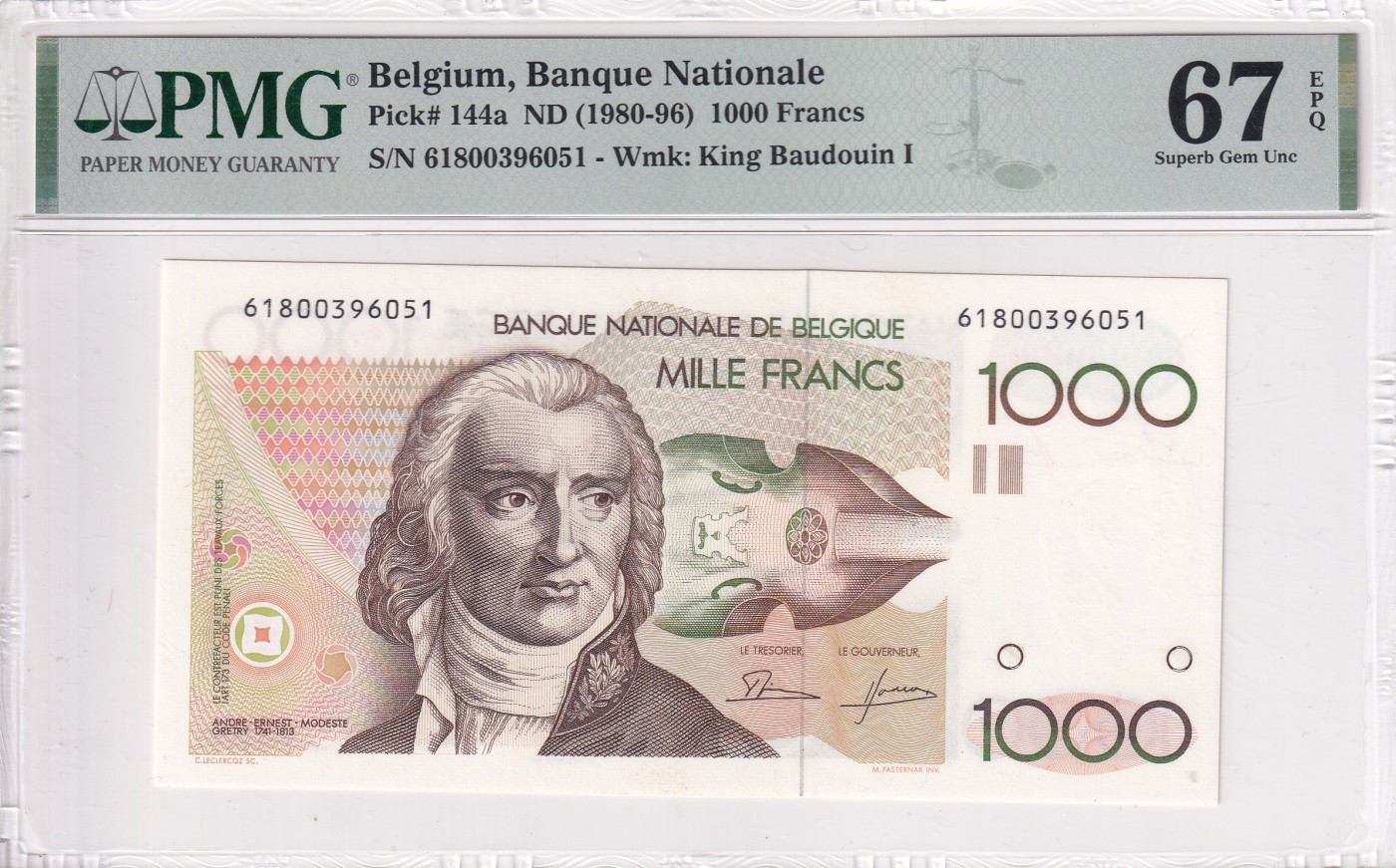 🌗乐淘淘世界纸币拍卖 第32期 🌓 【61800396051】比利时1980-96年纸币 1000法郎 长号无47 难得 PMG67EPQ