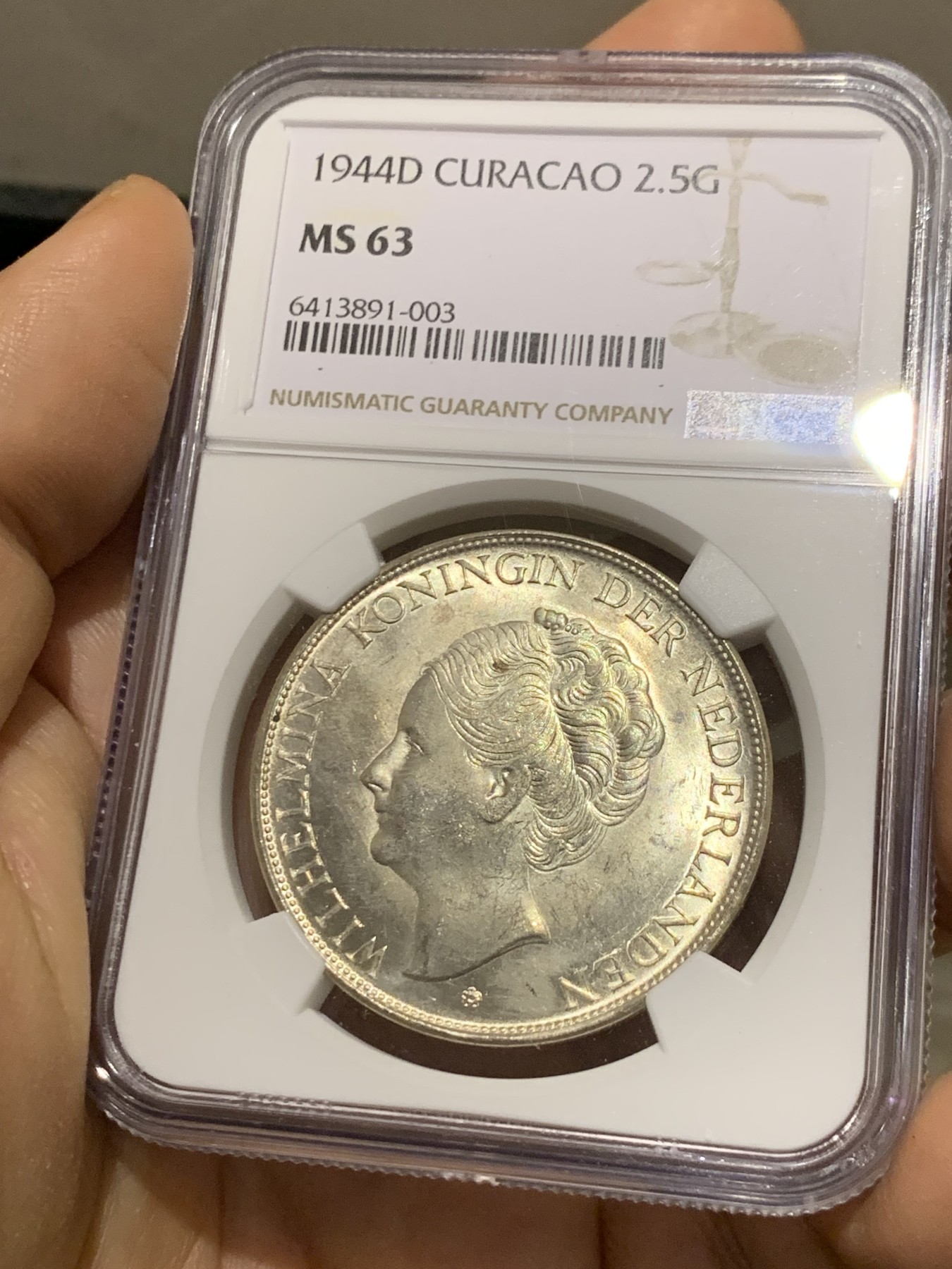 《竞宝斋》第221场-周日，周一 2场 (全场包邮) NGC MS63 荷属库拉索1944D女王威廉明娜2.5盾银币