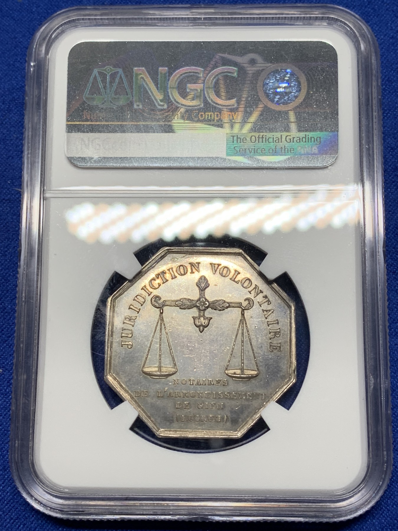 《竞宝斋》第221场-周日，周一 2场 (全场包邮) NGC MS63 法国 菲利普像 勒鲁吉市 公证处 银质八角代币 少见品种