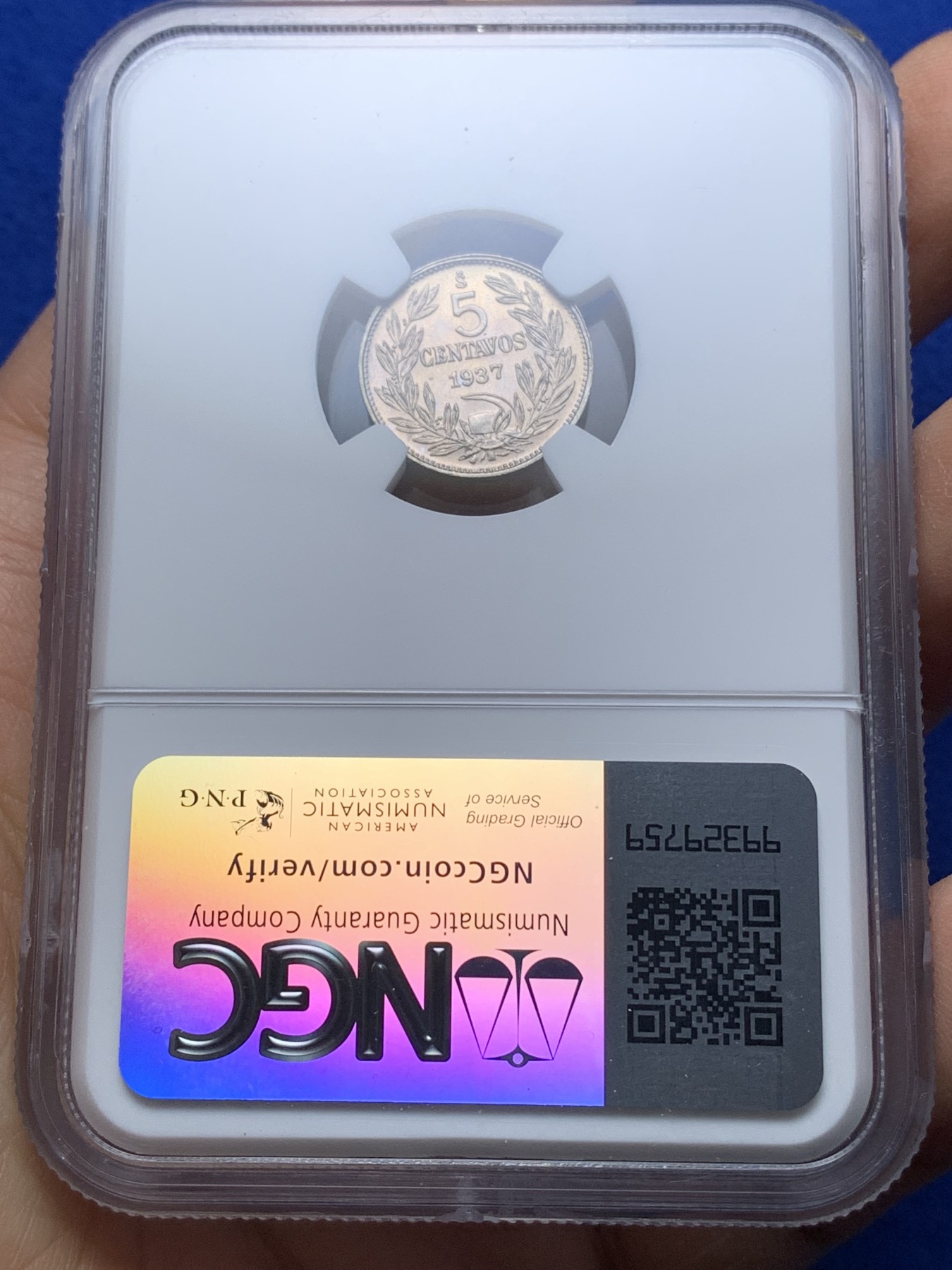 《竞宝斋》第221场-周日，周一 2场 (全场包邮) NGC-MS65 智利 1937年 秃鹰 秃鹫 5分 少见高分