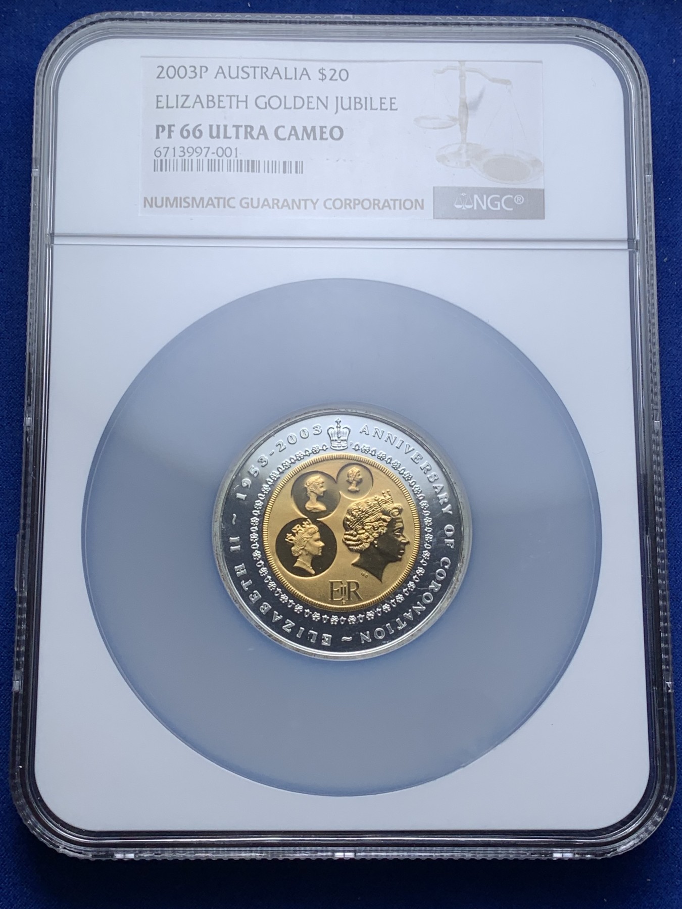 《竞宝斋》第221场-周日，周一 2场 (全场包邮) NGC高分PF66好品，2003伊丽莎白女王50周年4头像版本金银双色币，发行量1338枚（含999金8.39克）.值得你珍藏