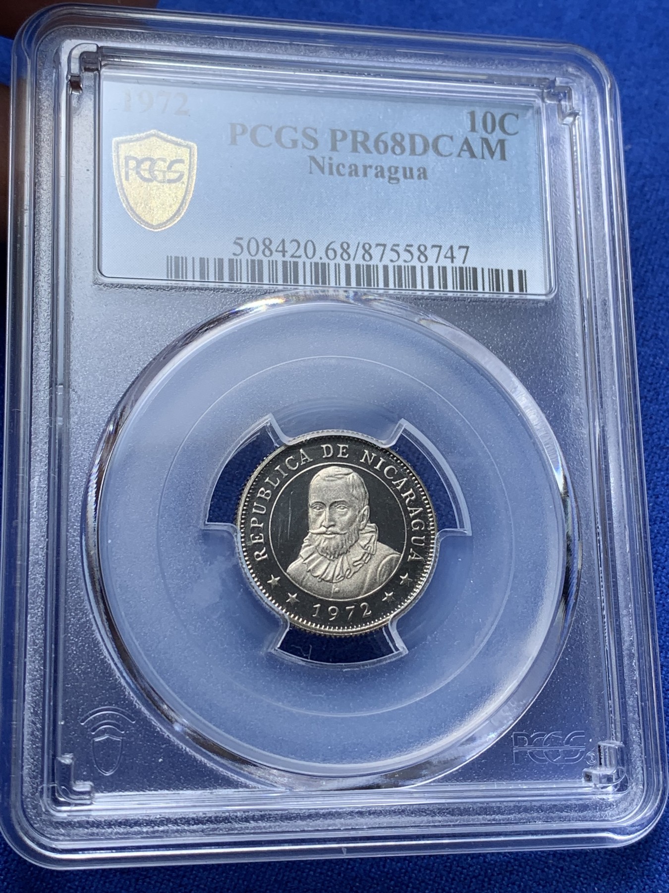 《竞宝斋》第221场-周日，周一 2场 (全场包邮) PCGS金盾 PR68DCAM 尼加拉瓜1972年南美太阳神10分精制镍币