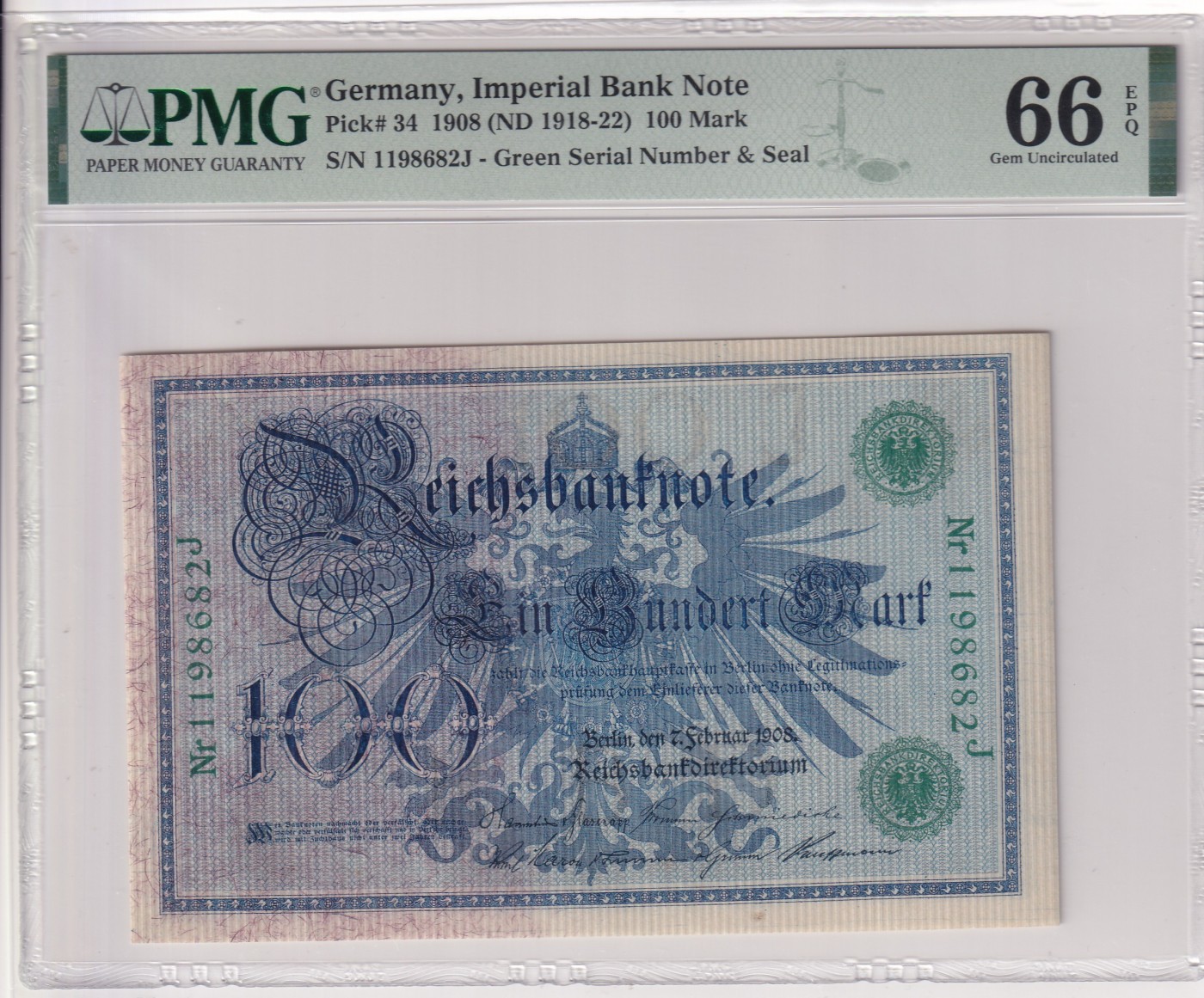 🌗乐淘淘世界纸币拍卖 第32期 🌓 【1198682J】德国1908年纸币 100马克 百年老钞 无47 PMG66EPQ 