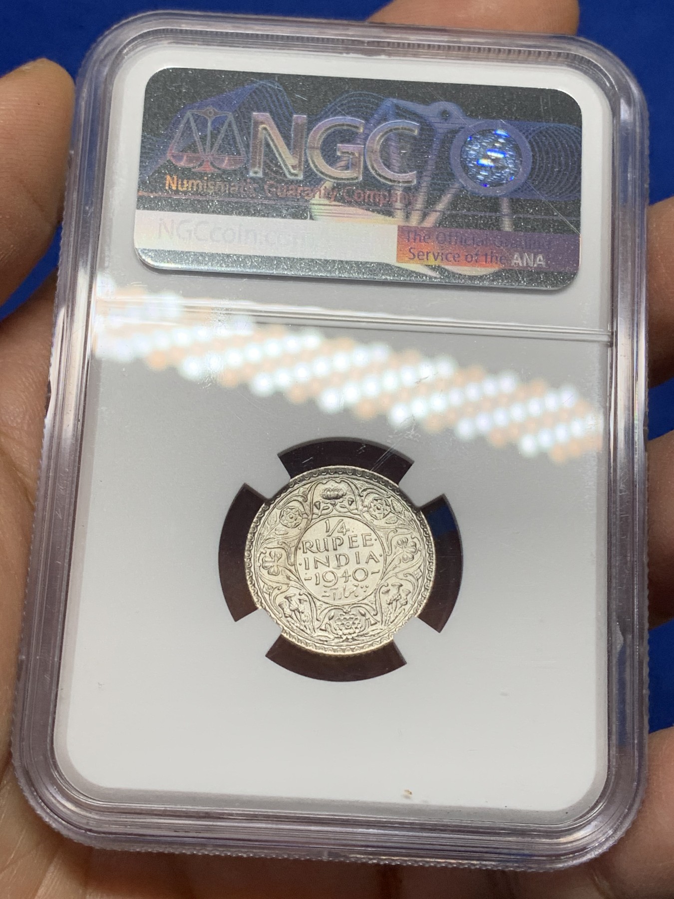 《竞宝斋》第221场-周日，周一 2场 (全场包邮) NGC-MS64 英属印度 1940年C版 乔治六世1/4卢比 key年份版别 卷拆品