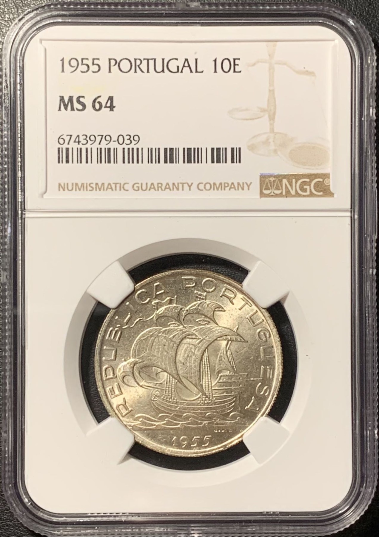 紫瑗钱币——第329期拍卖 葡萄牙 1955年 帆船 10埃斯库多 银币 NGC MS64