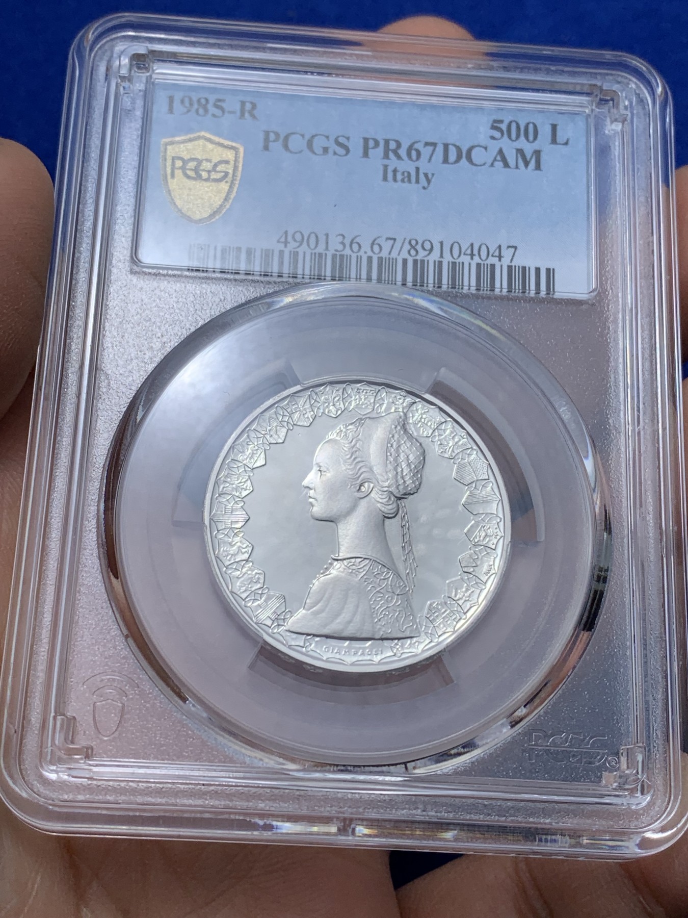 《竞宝斋》第221场-周日，周一 2场 (全场包邮) PCGS-PR67DCAM 意大利 1985年 精制 帆船少女 500里拉 首年发行 季军分