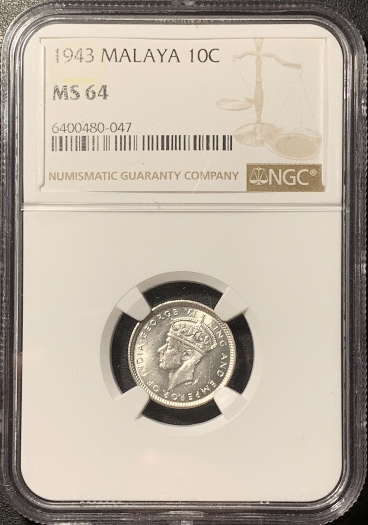 紫瑗钱币——第329期拍卖 马来亚 1943年 乔治六世 10分 银币 NGC MS64