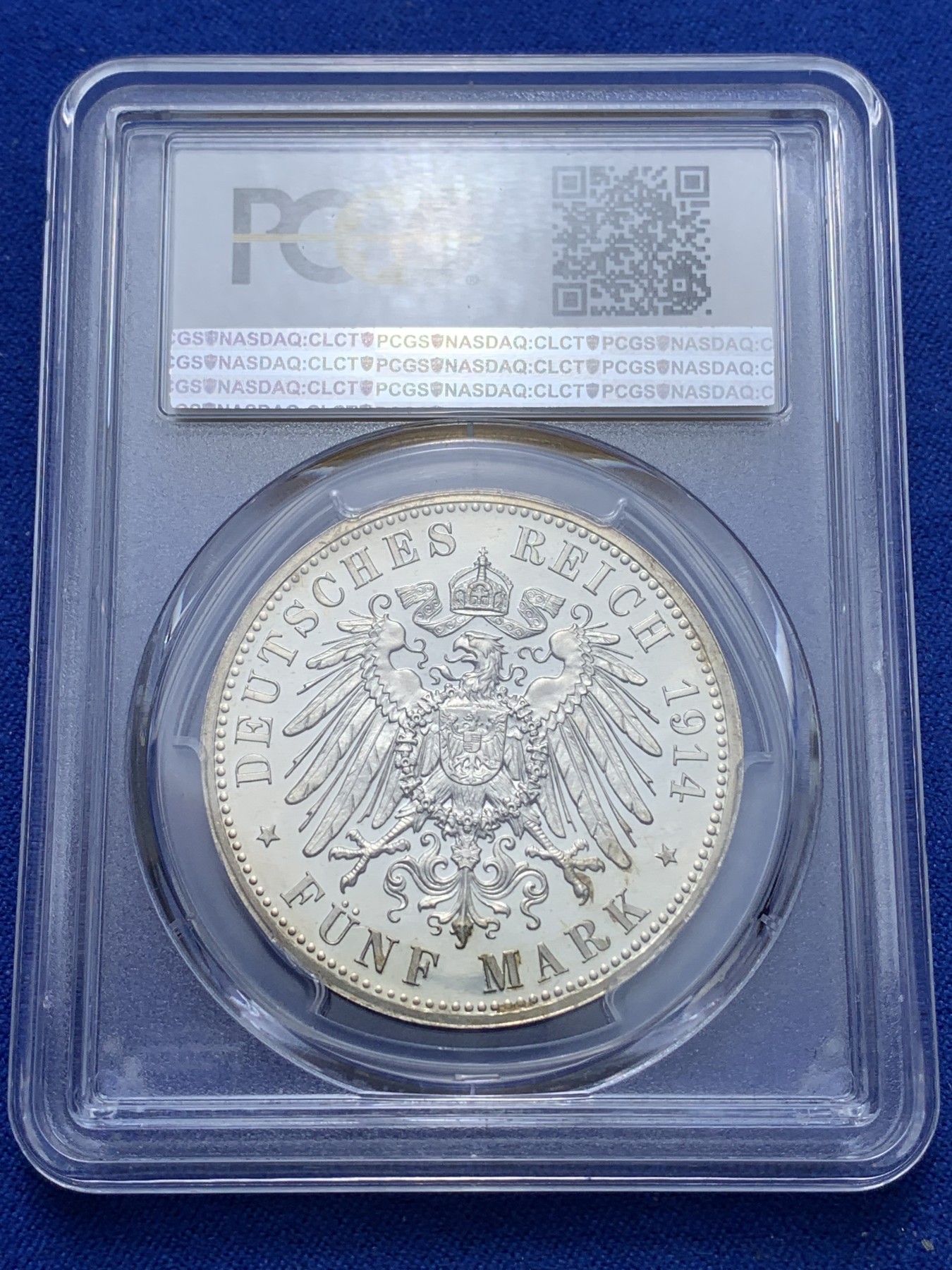 《竞宝斋》第221场-周日，周一 2场 (全场包邮) PCGS-PR65CAM,德国1914年安哈特德绍，结婚纪念5马克精制银币，金色靓丽包浆，高分精铸马克愈发稀少