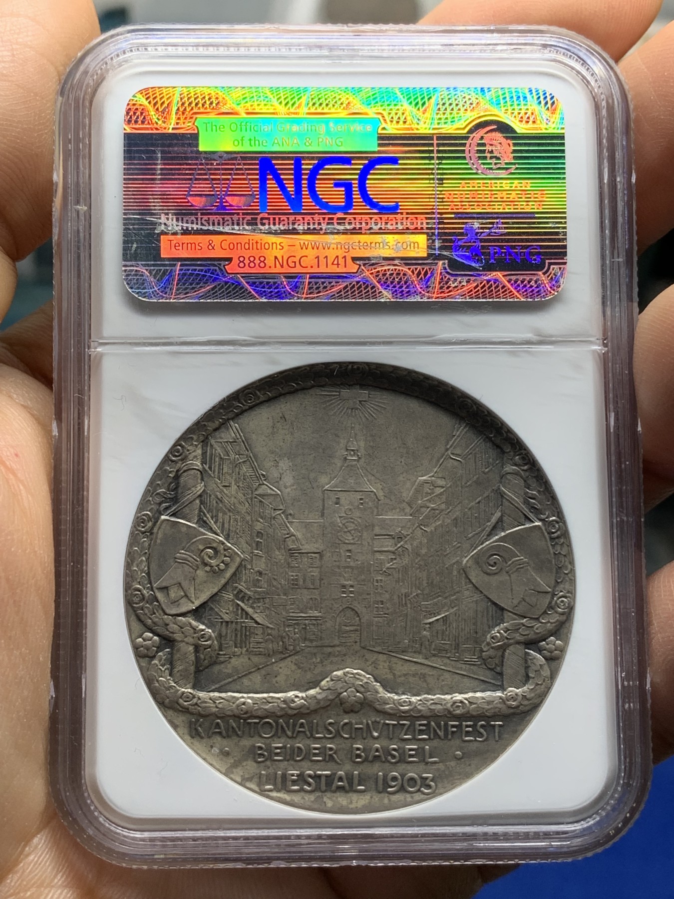 《竞宝斋》第221场-周日，周一 2场 (全场包邮) NGC AU55  瑞士1903巴塞尔射击节银章 少见品种