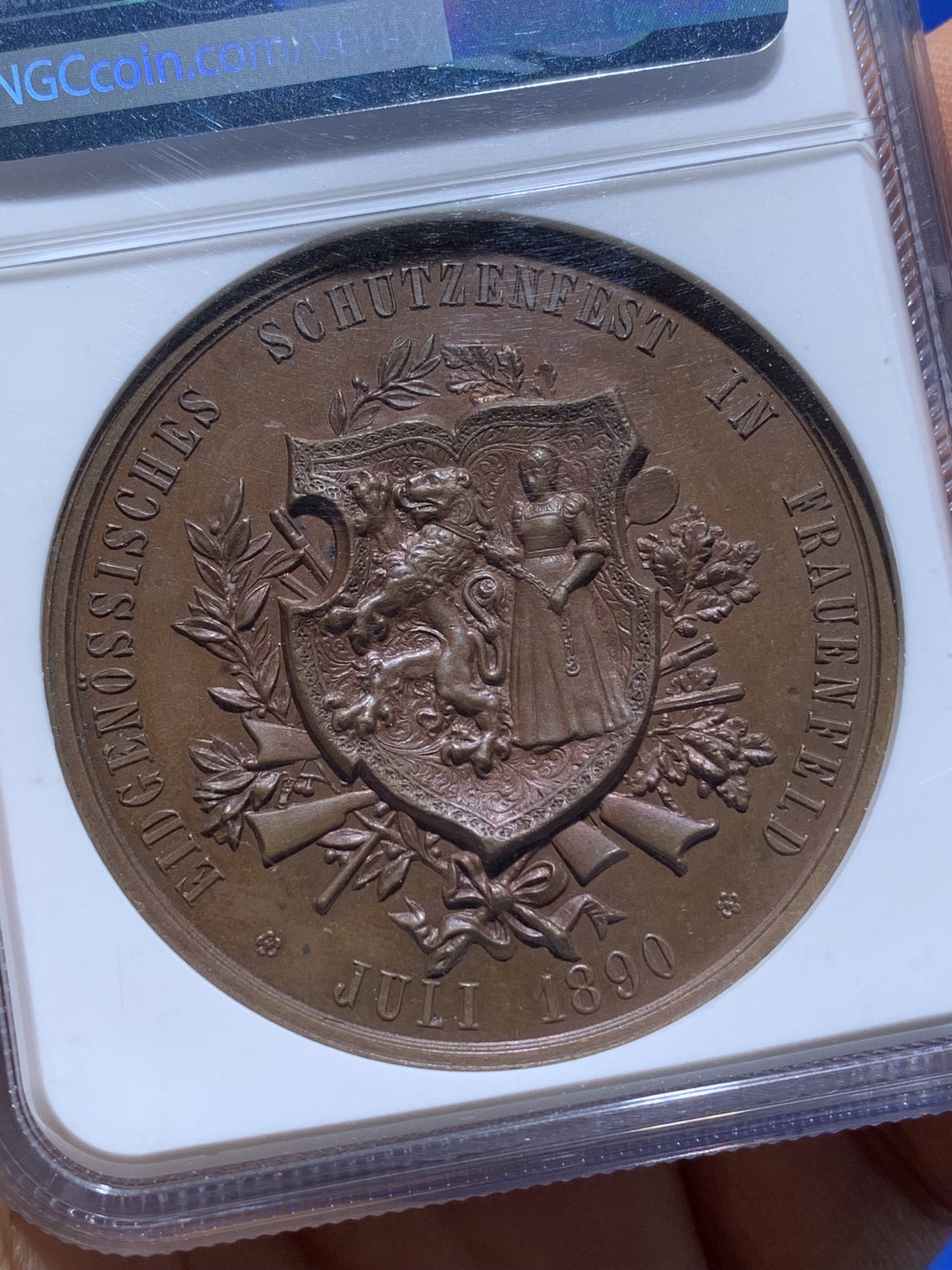 《竞宝斋》第221场-周日，周一 2场 (全场包邮) NGC MS64 1890年瑞士弗劳恩菲尔德射击节铜章,高分品质，收藏一步到位