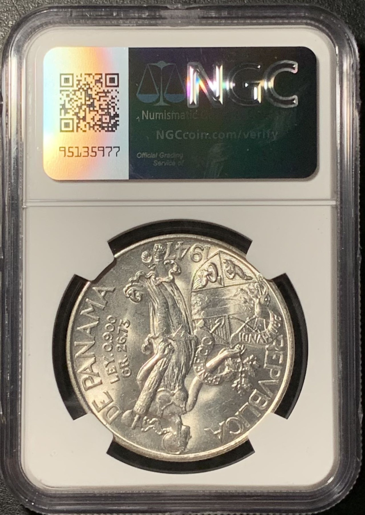 紫瑗钱币——第329期拍卖 巴拿马 1947年 总督巴尔博亚 1波拿巴 银币 NGC MS62