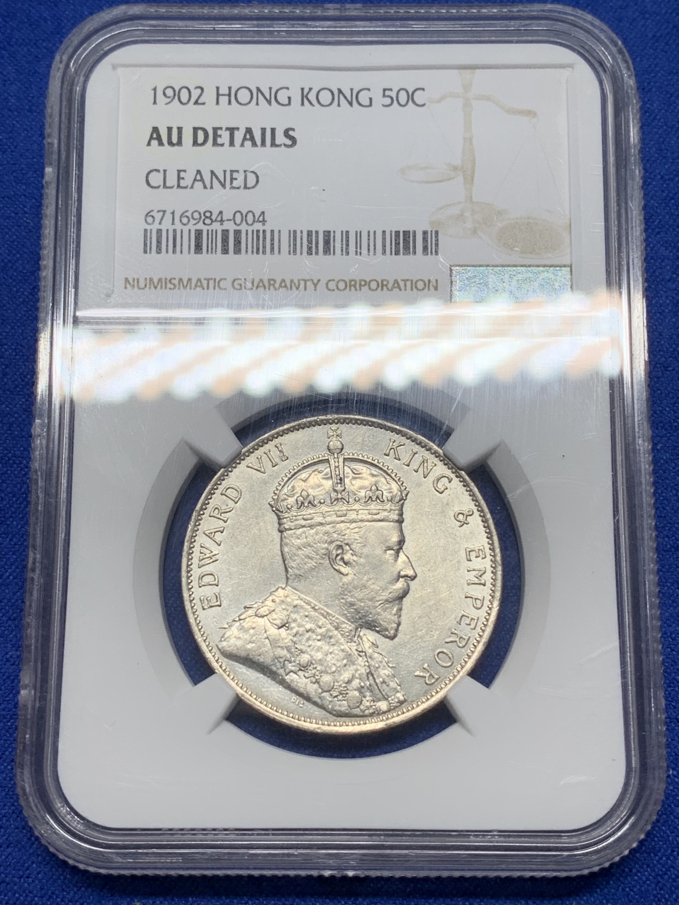 《竞宝斋》第221场-周日，周一 2场 (全场包邮) NGC AU 香港1902年爱德华七世50分半圆银币，少年份