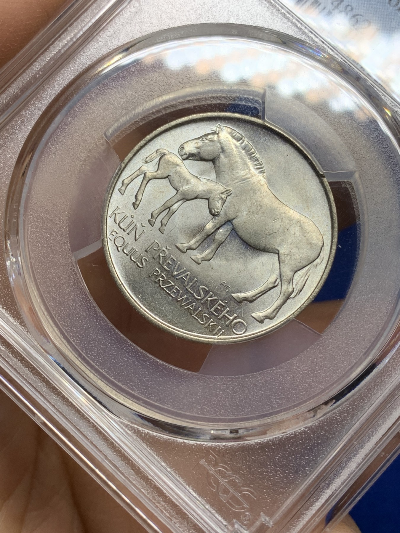 《竞宝斋》第221场-周日，周一 2场 (全场包邮) PCGS金盾 MS66 捷克斯洛伐克1987年母马和小马50克朗银币