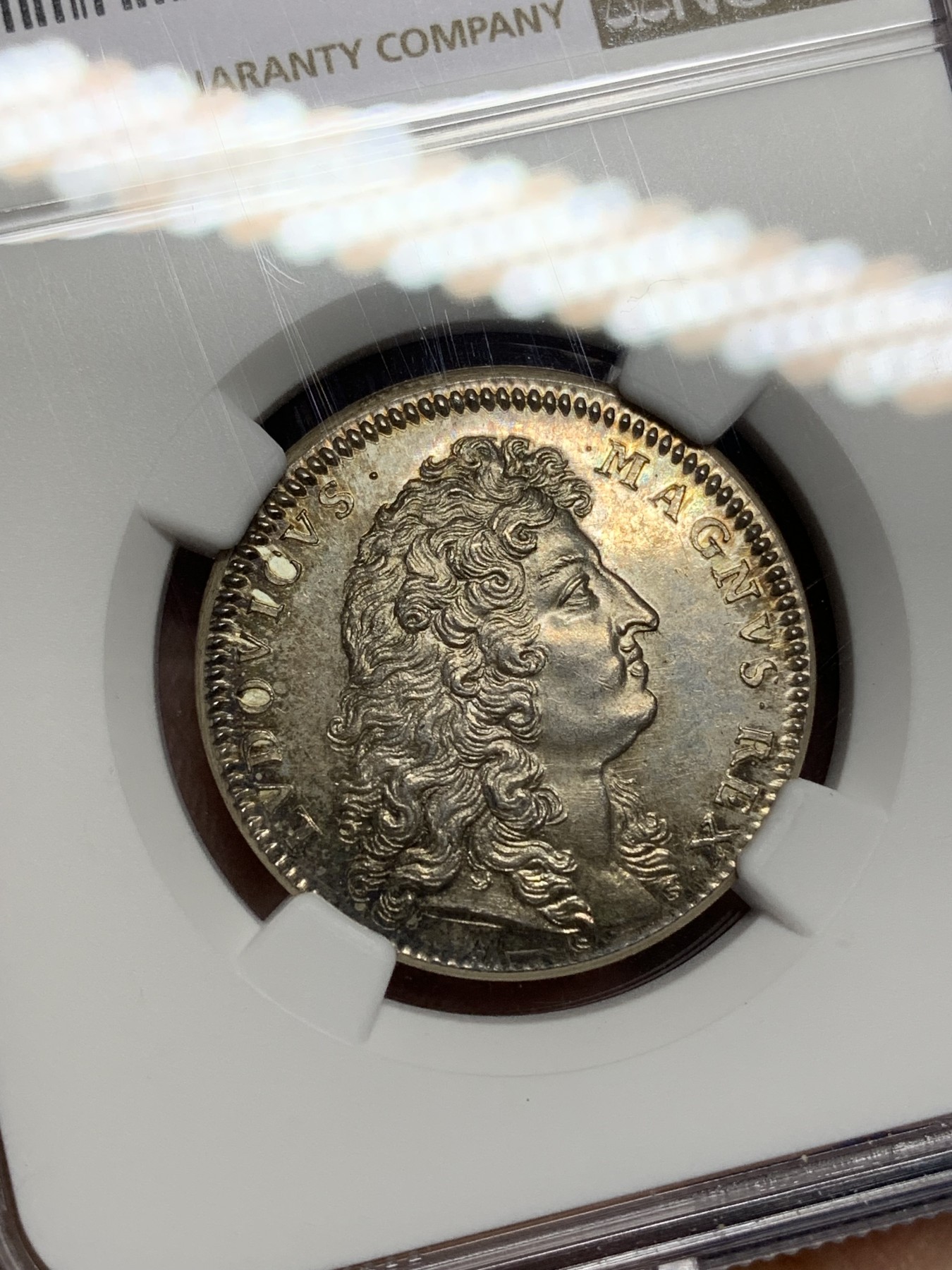 《竞宝斋》第221场-周日，周一 2场 (全场包邮) NGC-MS63 法国1683年路易十四 圆形JETON 五彩包浆 发丝清晰可见 JETON里的战斗机