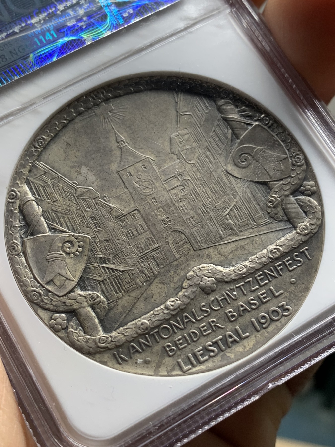 《竞宝斋》第221场-周日，周一 2场 (全场包邮) NGC AU55  瑞士1903巴塞尔射击节银章 少见品种