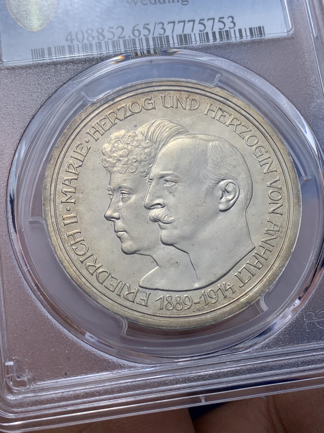 《竞宝斋》第221场-周日，周一 2场 (全场包邮) PCGS-PR65CAM,德国1914年安哈特德绍，结婚纪念5马克精制银币，金色靓丽包浆，高分精铸马克愈发稀少