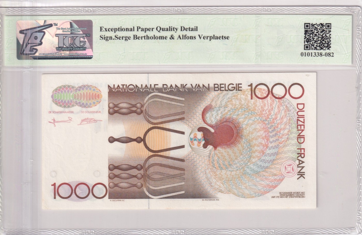 🌗乐淘淘世界纸币拍卖 第32期 🌓 【61108162895】比利时1992年纸币 1000法郎 长号无47 TQG65EPQ