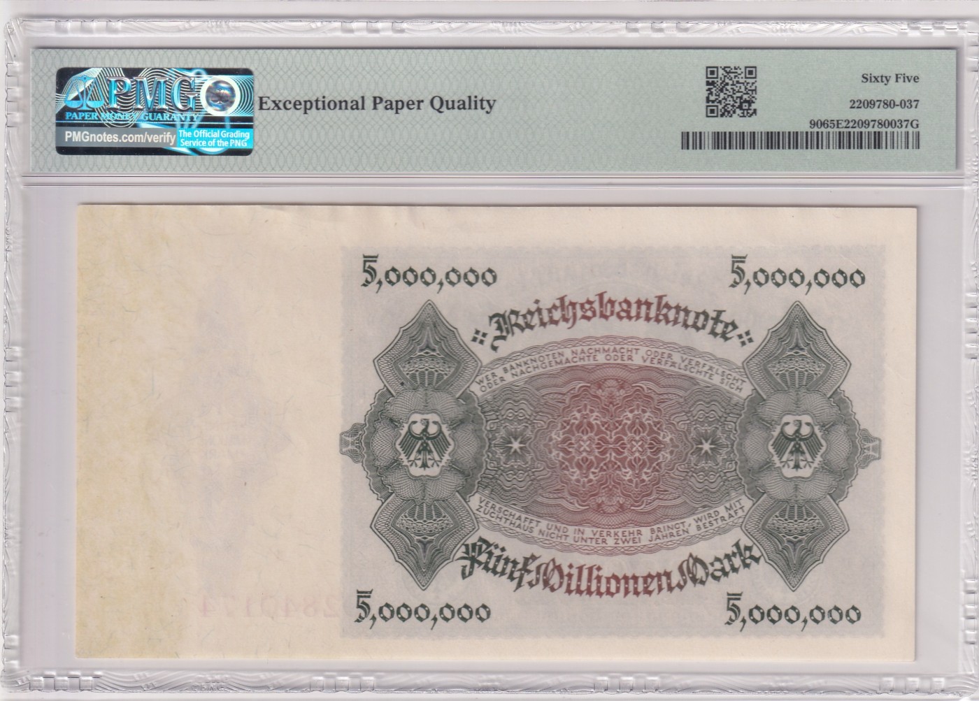 🌗乐淘淘世界纸币拍卖 第32期 🌓 【A02840174】德国1923年纸币 5Millionen 马克 百年老钞 PMG65EPQ