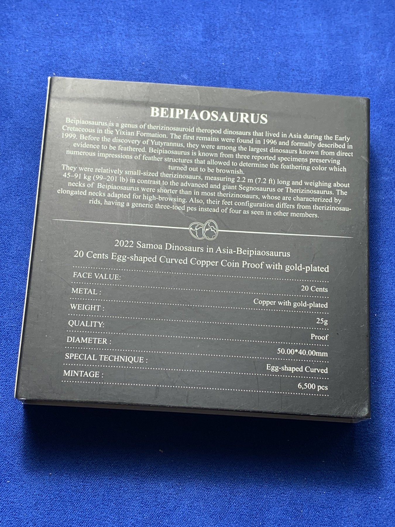 《竞宝斋》第221场-周日，周一 2场 (全场包邮) 萨摩亚2022年 北票龙 20分 恐龙蛋形状 精制铜币 非常漂亮 细节见图