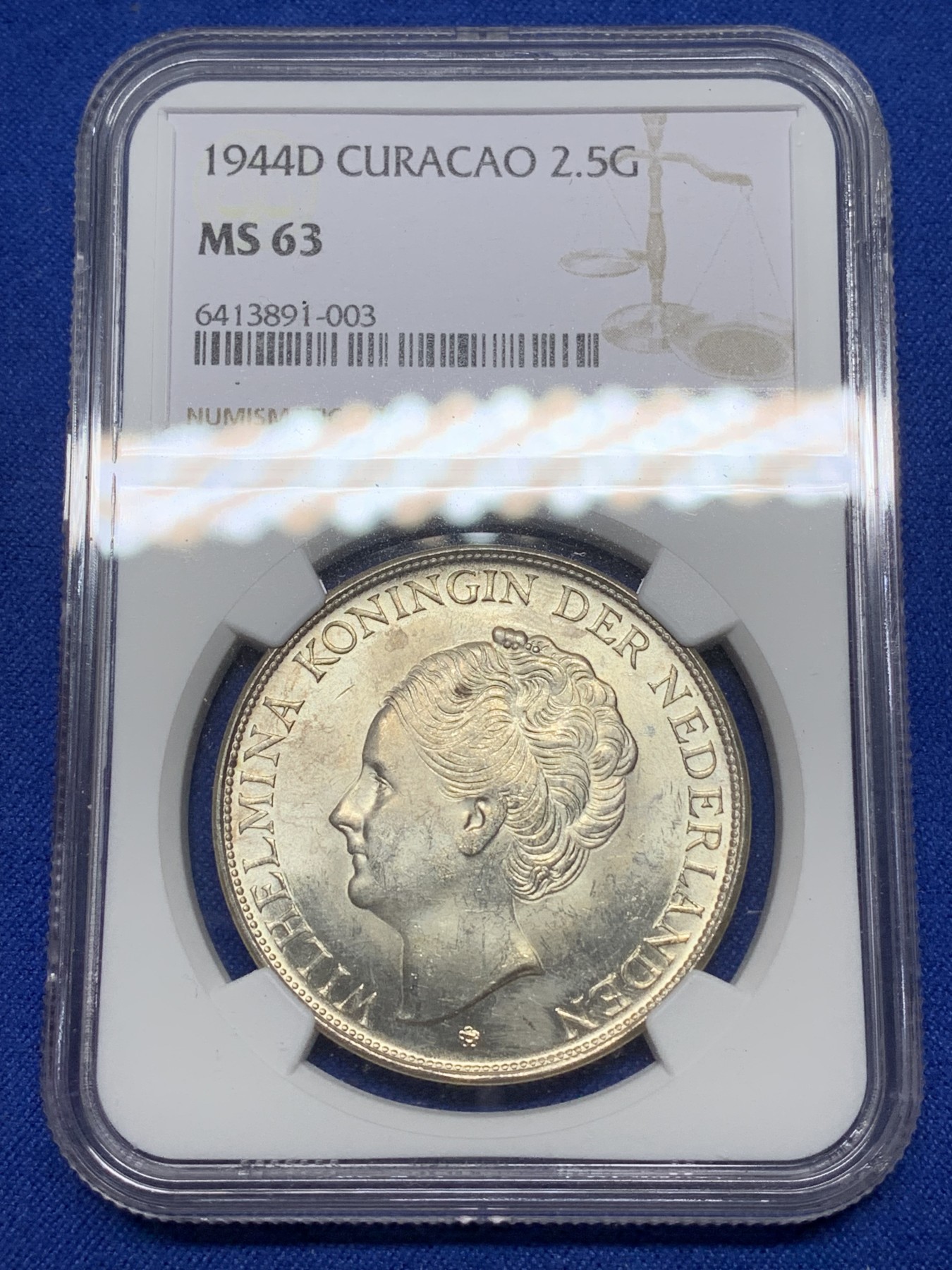 《竞宝斋》第221场-周日，周一 2场 (全场包邮) NGC MS63 荷属库拉索1944D女王威廉明娜2.5盾银币